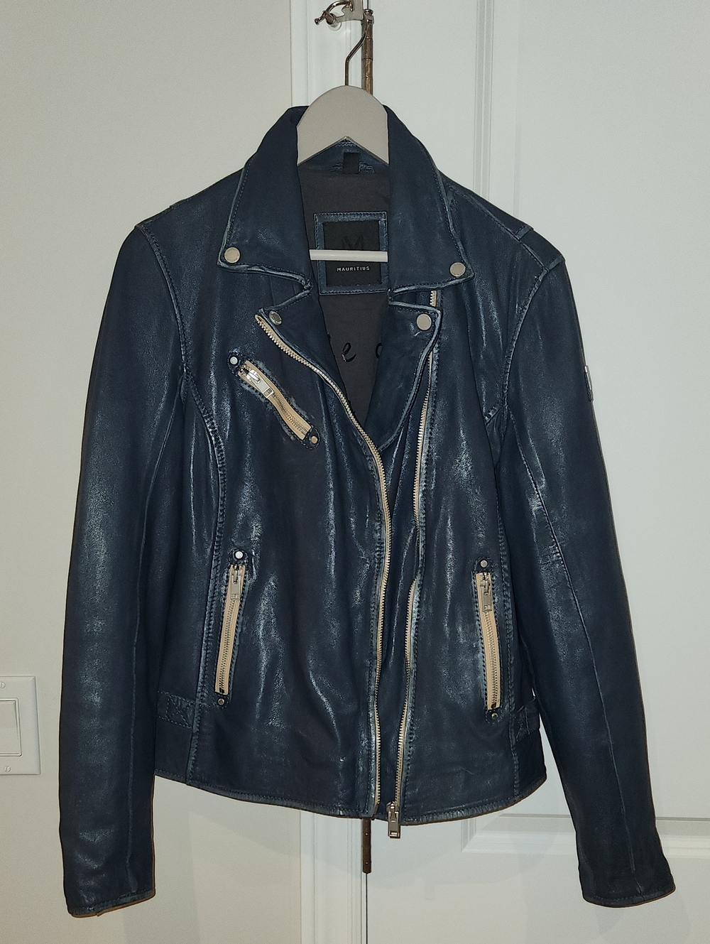 Mauritius Women's Navy Leather Moto Jacket with Contrast Zippers